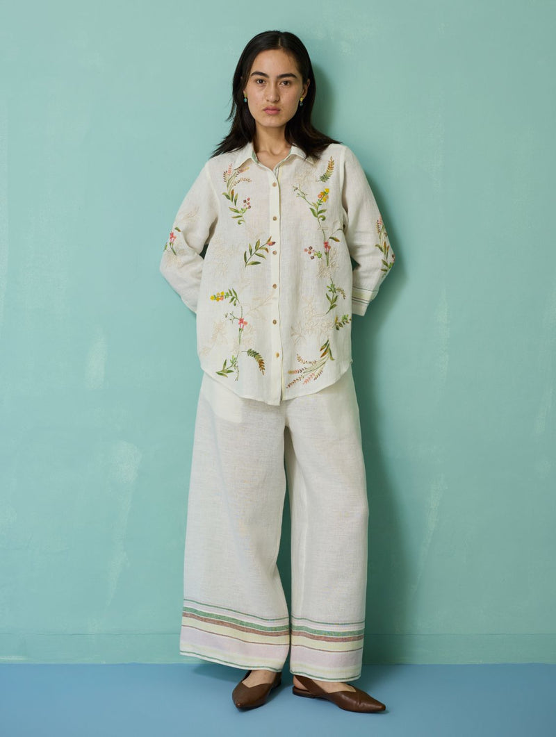 Kima Hand-Embroidered Floral Shirt - Ivory linen top/shirt by Manan in ivory for women Worldwide