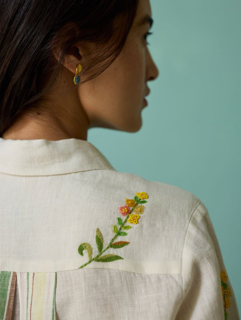 Kima Hand-Embroidered Floral Shirt - Ivory linen top/shirt by Manan in ivory for women Worldwide