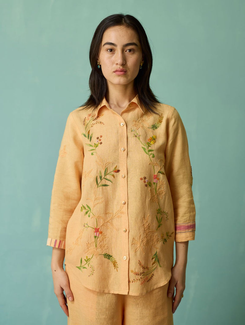 Kima Hand-Embroidered Floral Shirt - Apricot linen top/shirt by Manan in apricot for women Worldwide