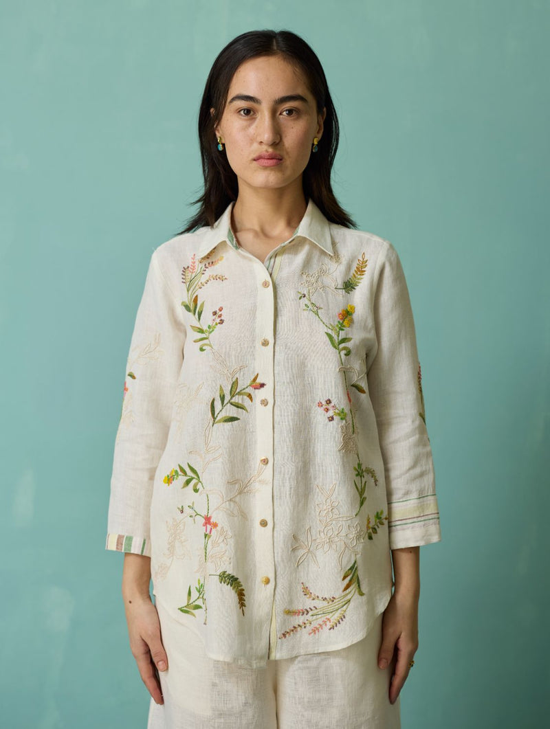 Kima Hand-Embroidered Floral Shirt - Ivory linen top/shirt by Manan in ivory for women Worldwide