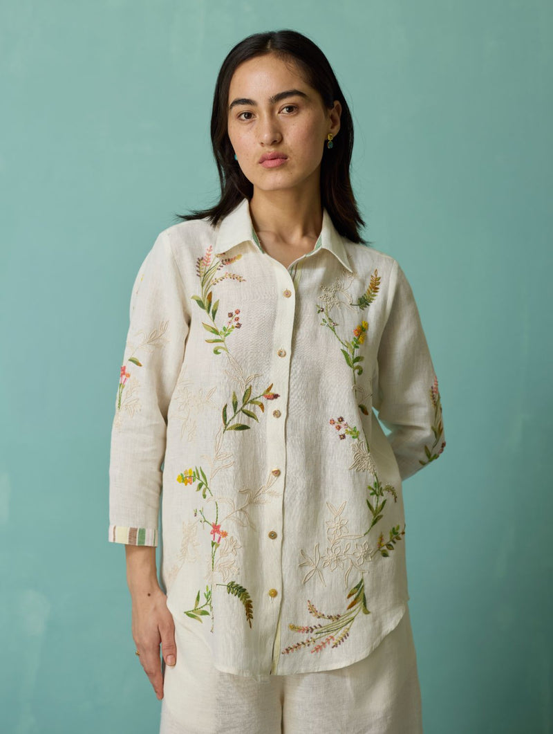 Kima Hand-Embroidered Floral Shirt - Ivory linen top/shirt by Manan in ivory for women Worldwide