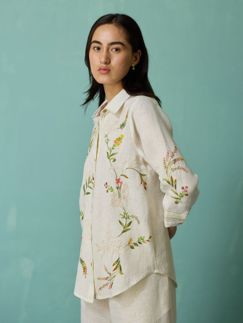 Kima Hand-Embroidered Floral Shirt - Ivory linen top/shirt by Manan in ivory for women Worldwide
