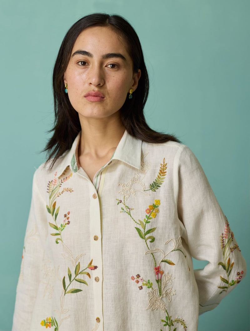 Kima Hand-Embroidered Floral Shirt - Ivory linen top/shirt by Manan in ivory for women Worldwide