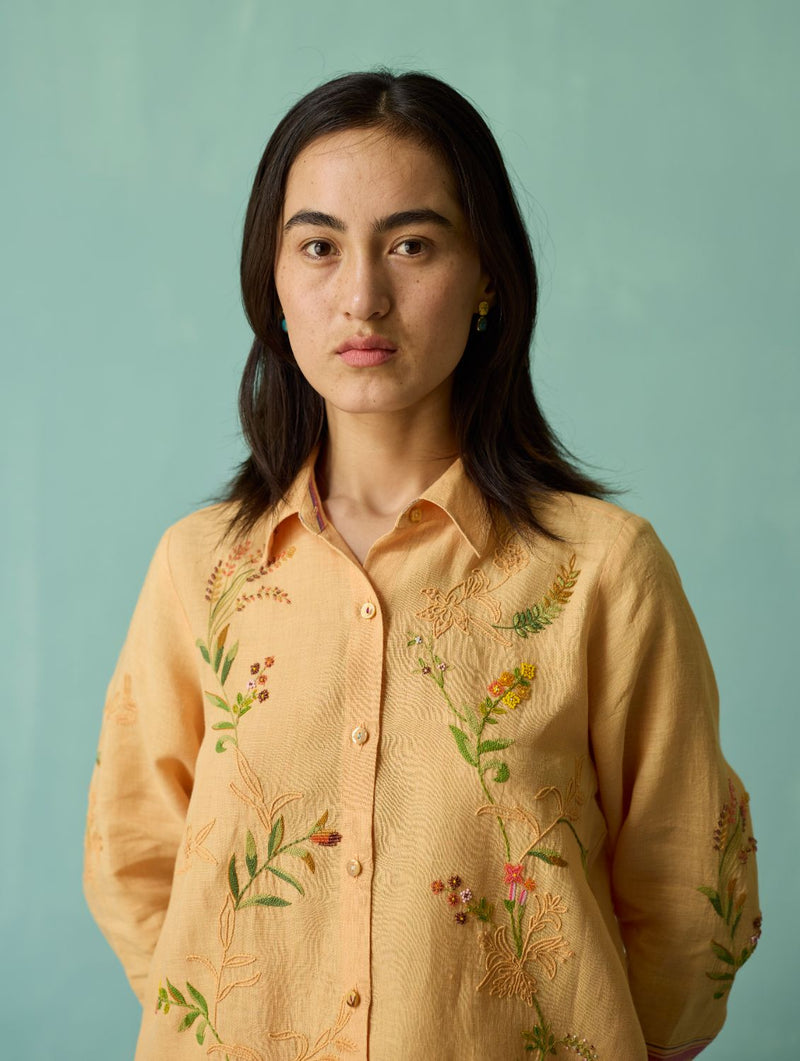 Kima Hand-Embroidered Floral Shirt - Apricot linen top/shirt by Manan in apricot for women Worldwide