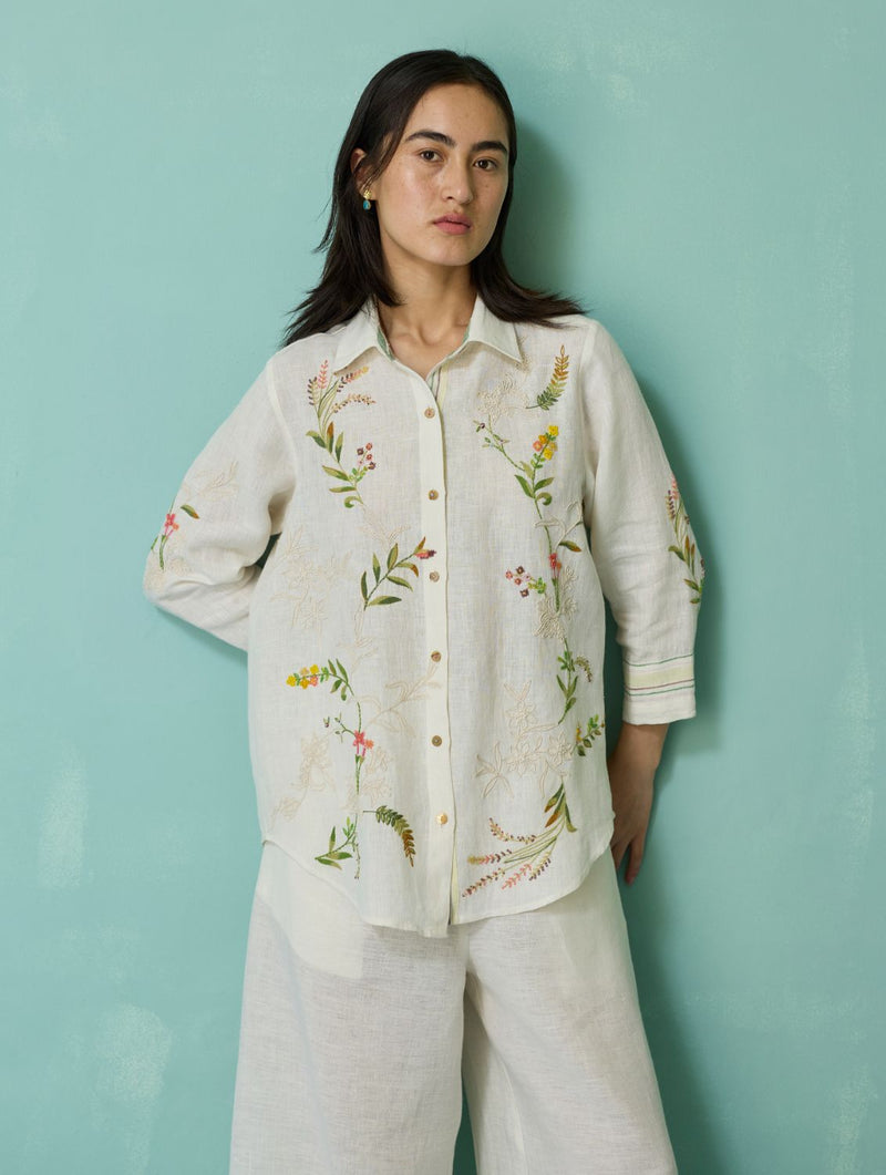 Kima Hand-Embroidered Floral Shirt - Ivory linen top/shirt by Manan in ivory for women Worldwide
