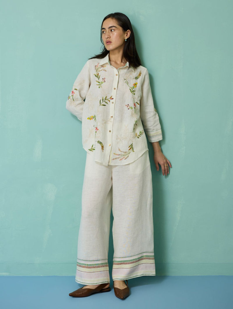 Kima Hand-Embroidered Floral Shirt - Ivory linen top/shirt by Manan in ivory for women Worldwide