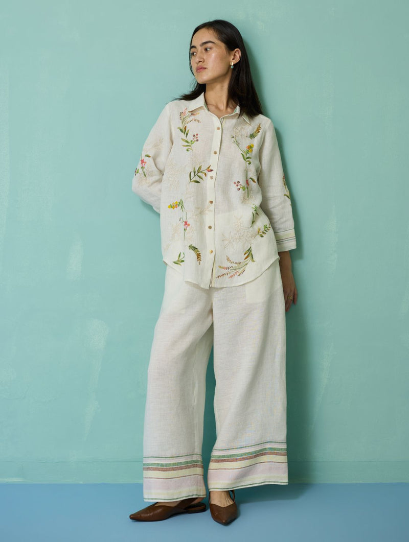 Kima Hand-Embroidered Floral Shirt - Ivory linen top/shirt by Manan in ivory for women Worldwide