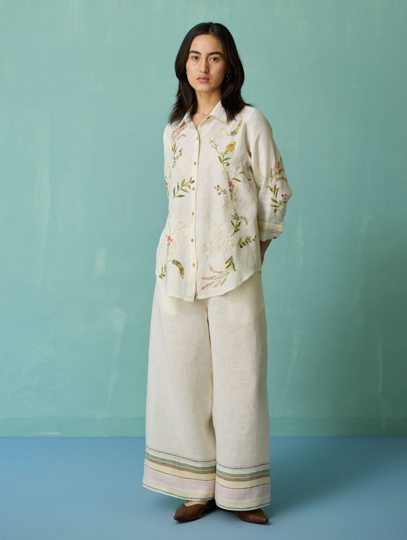 Kima Hand-Embroidered Floral Shirt - Ivory linen top/shirt by Manan in ivory for women Worldwide
