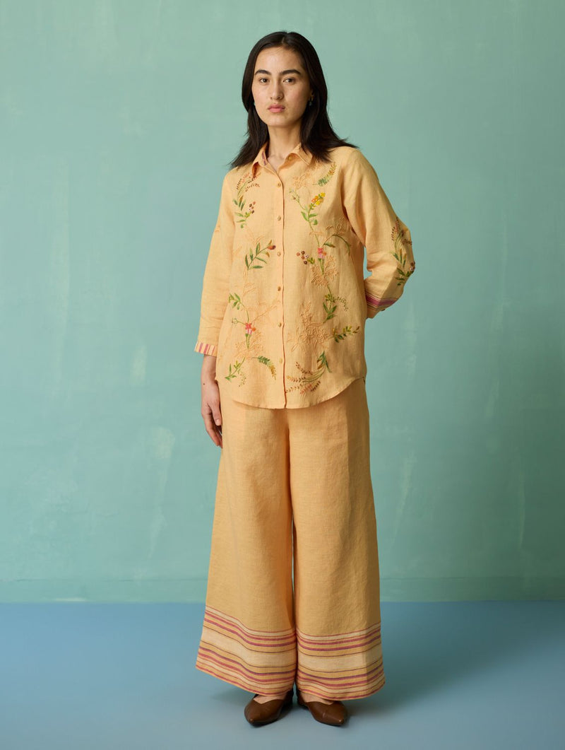 Kima Hand-Embroidered Floral Shirt - Apricot linen top/shirt by Manan in apricot for women Worldwide