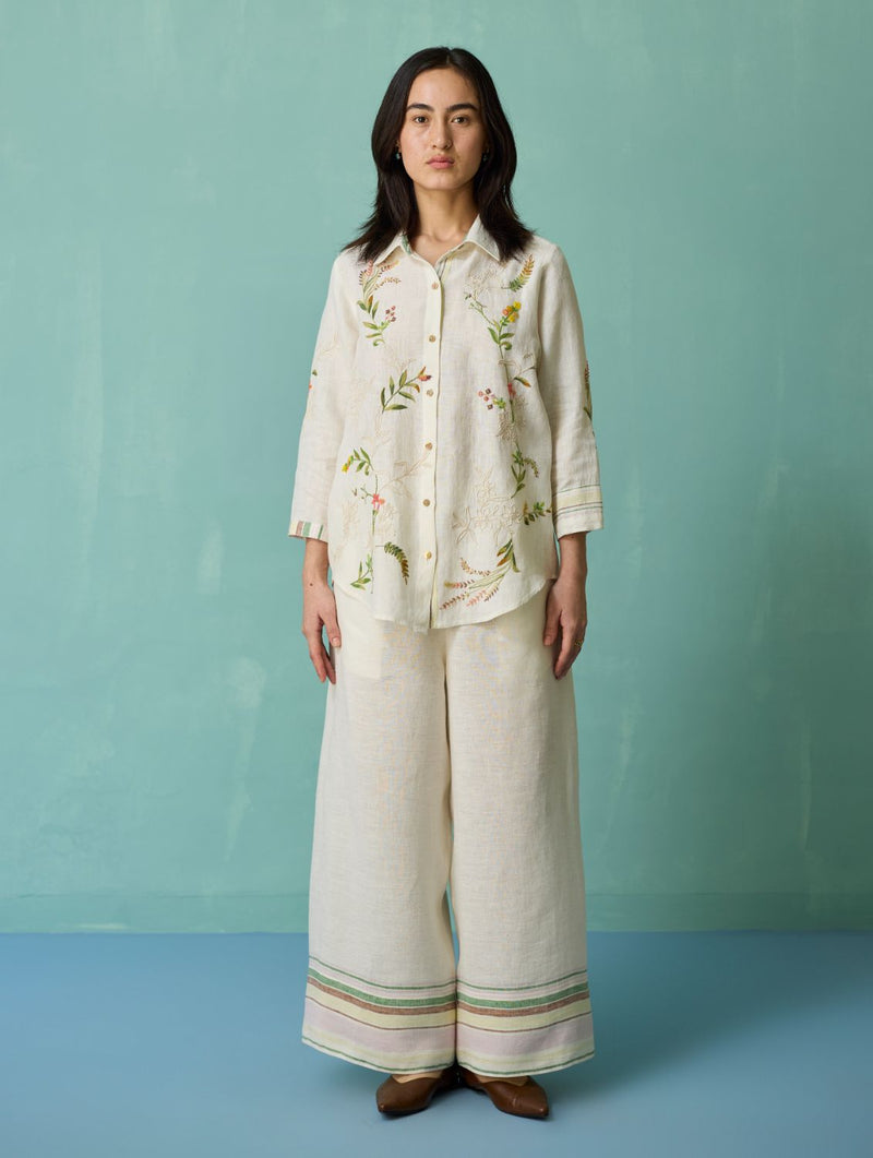 Kima Hand-Embroidered Floral Shirt - Ivory linen top/shirt by Manan in ivory for women Worldwide