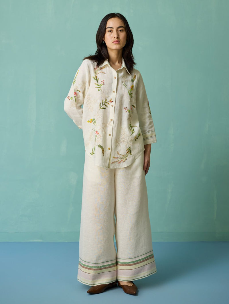 Kima Hand-Embroidered Floral Shirt - Ivory linen top/shirt by Manan in ivory for women Worldwide