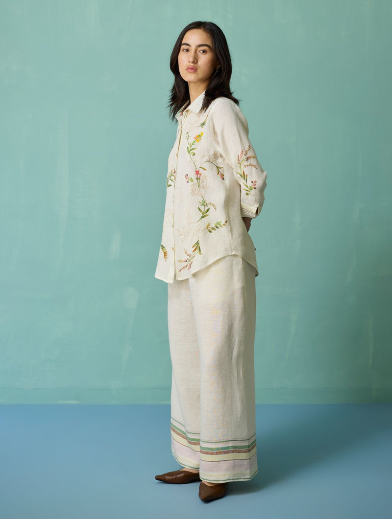 Kima Hand-Embroidered Floral Shirt - Ivory linen top/shirt by Manan in ivory for women Worldwide