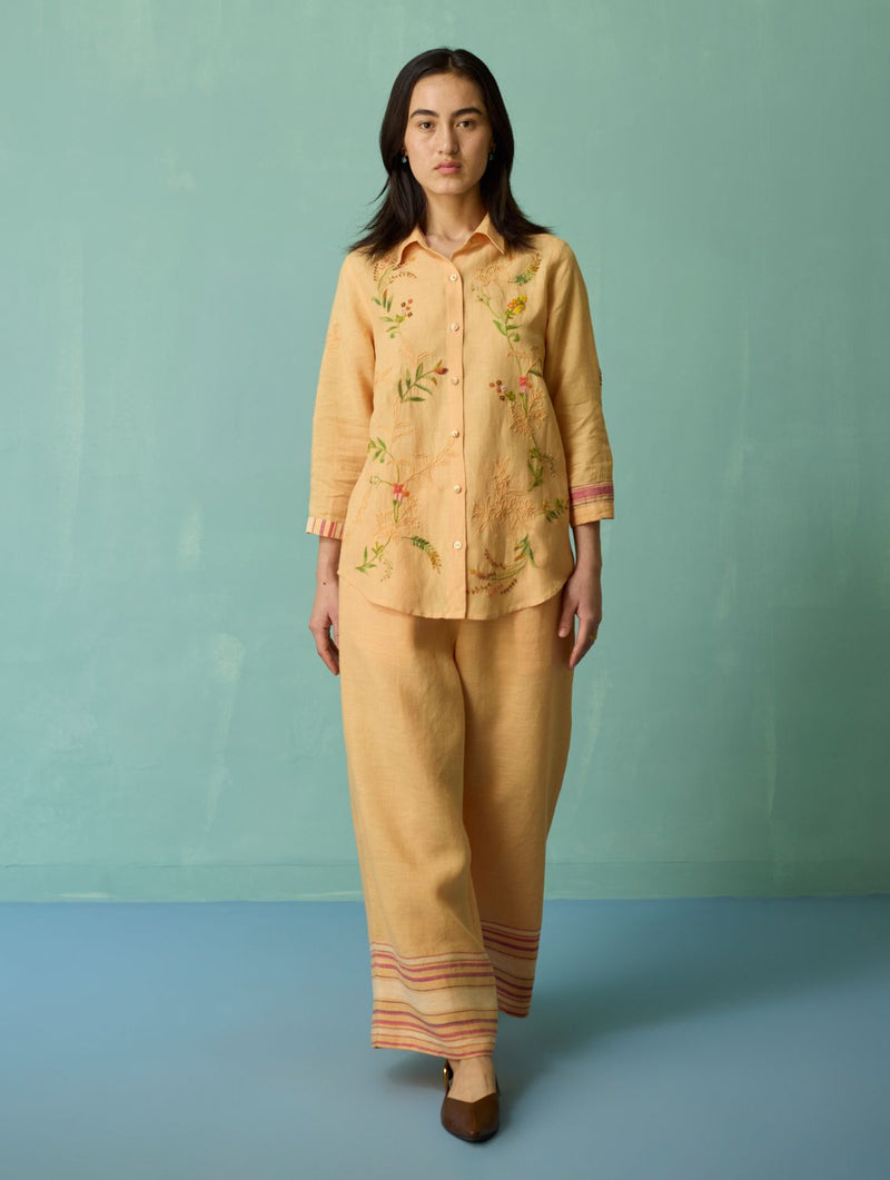 Kima Hand-Embroidered Floral Shirt - Apricot linen top/shirt by Manan in apricot for women Worldwide