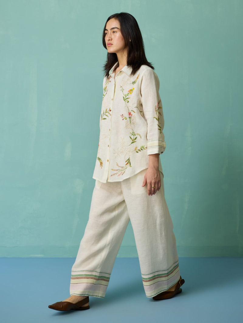 Kima Hand-Embroidered Floral Shirt - Ivory linen top/shirt by Manan in ivory for women Worldwide