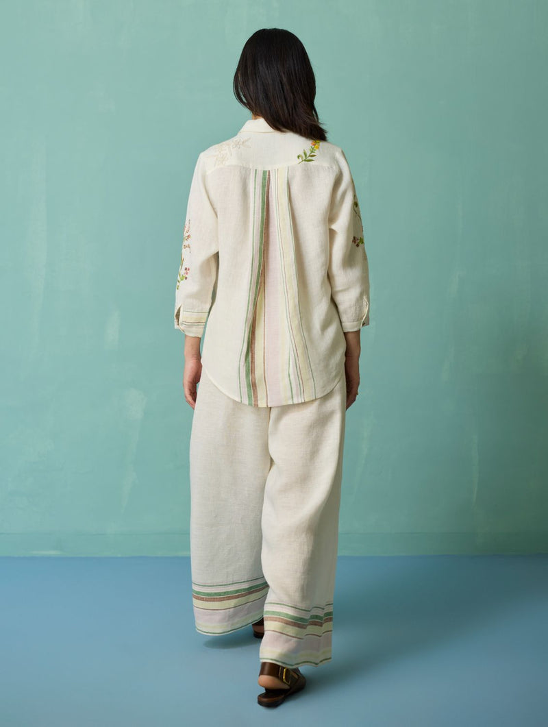 Kima Hand-Embroidered Floral Shirt - Ivory linen top/shirt by Manan in ivory for women Worldwide
