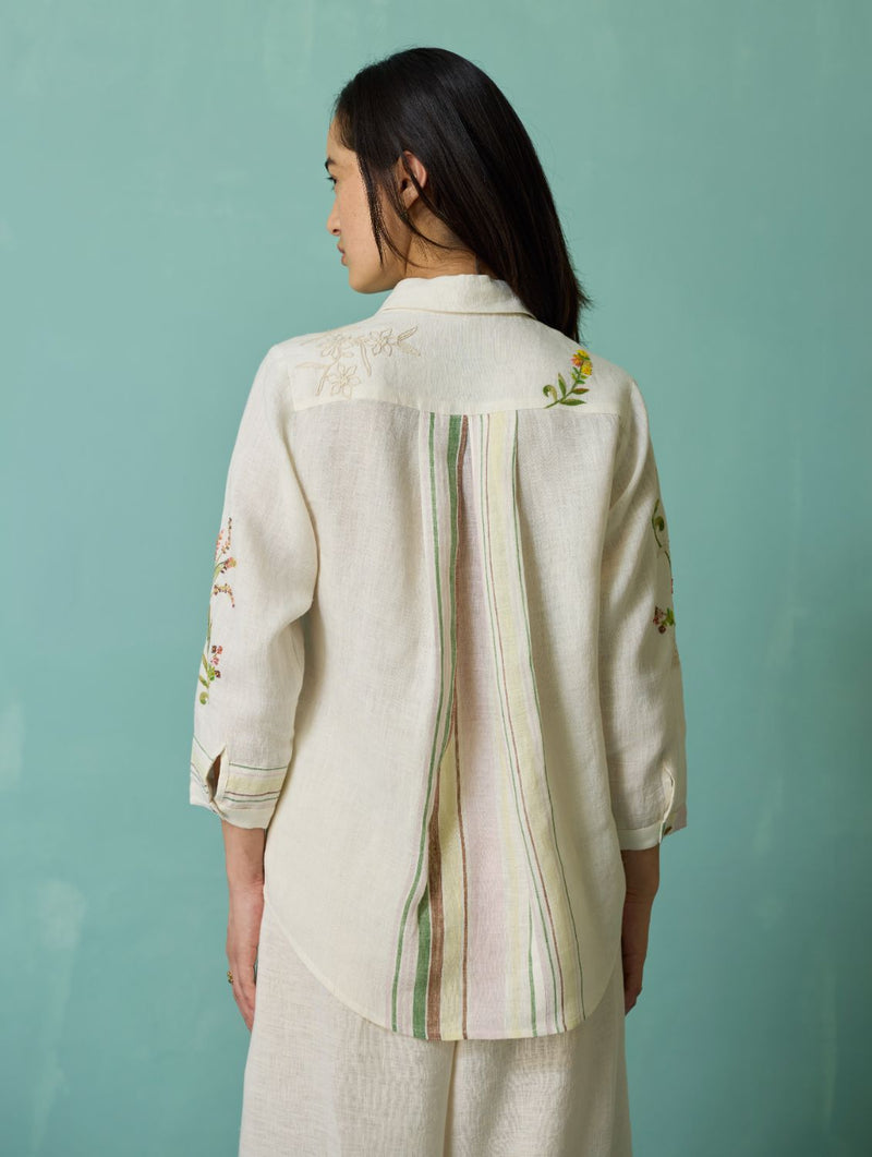Kima Hand-Embroidered Floral Shirt - Ivory linen top/shirt by Manan in ivory for women Worldwide
