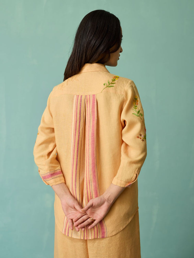 Kima Hand-Embroidered Floral Shirt - Apricot linen top/shirt by Manan in apricot for women Worldwide