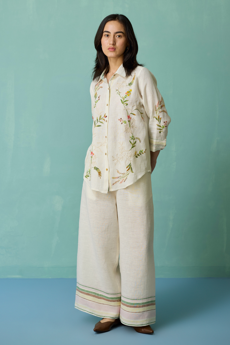 Kima Hand-Embroidered Floral Shirt - Ivory linen top/shirt by Manan in ivory for women Worldwide
