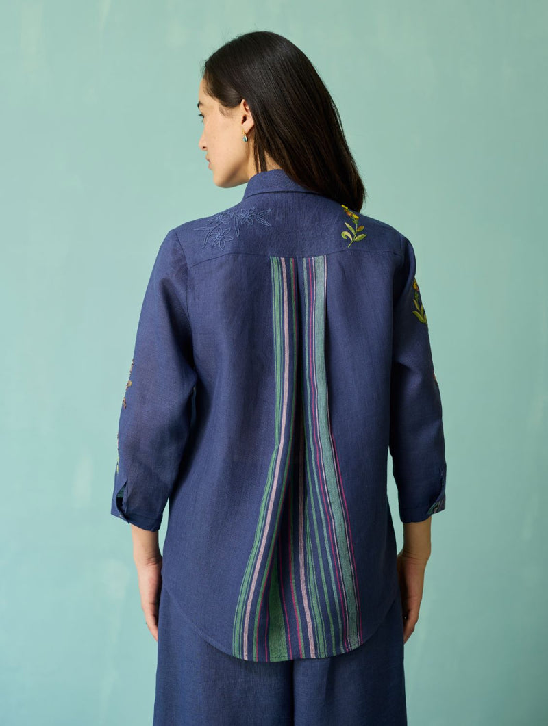 Kima Hand-Embroidered Floral Shirt - Indigo linen top/shirt by Manan in navy for women Worldwide
