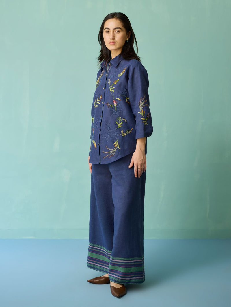 Kima Hand-Embroidered Floral Shirt - Indigo linen top/shirt by Manan in navy for women Worldwide