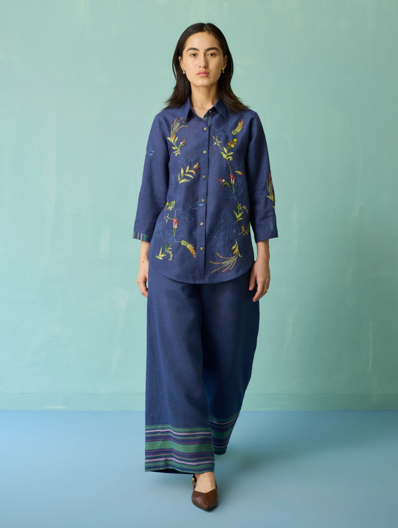 Kima Hand-Embroidered Floral Shirt - Indigo linen top/shirt by Manan in navy for women Worldwide