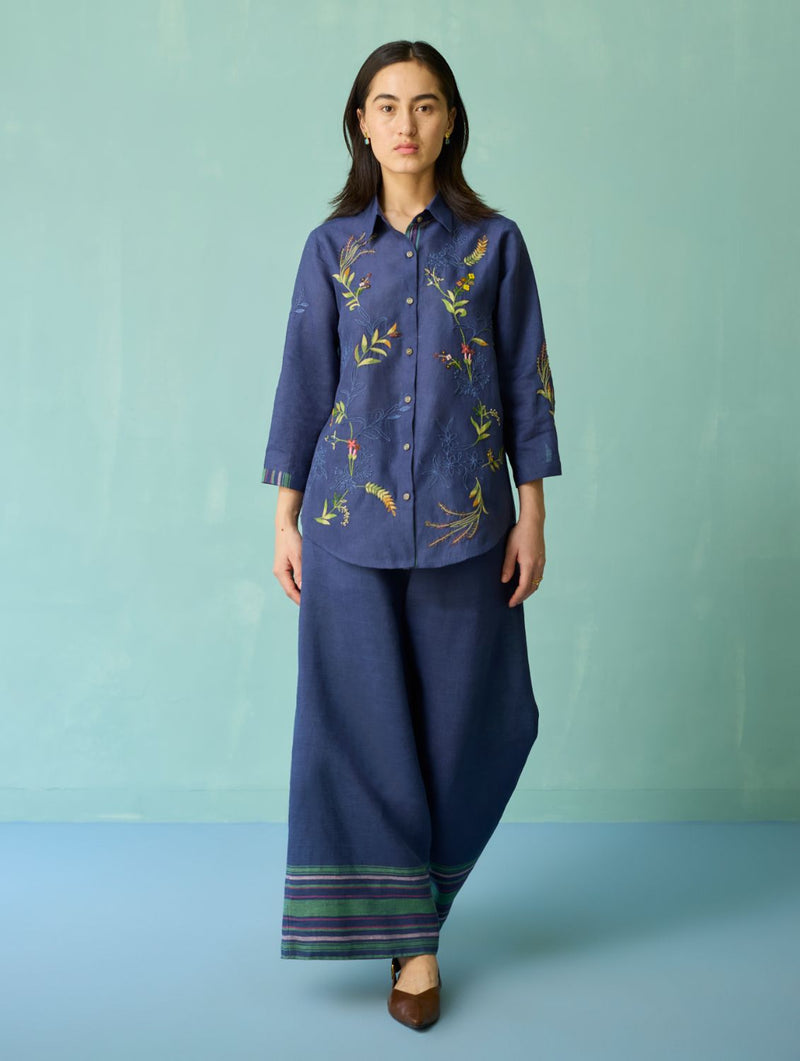 Kima Hand-Embroidered Floral Shirt - Indigo linen top/shirt by Manan in navy for women Worldwide