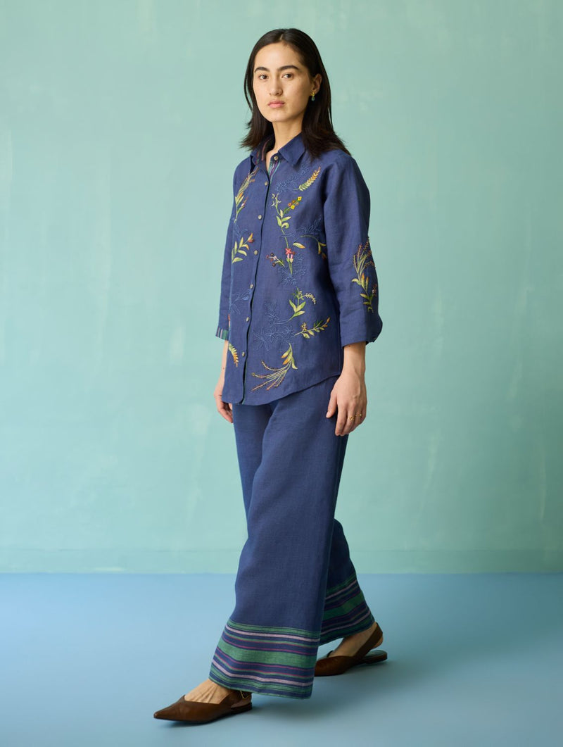 Kima Hand-Embroidered Floral Shirt - Indigo linen top/shirt by Manan in navy for women Worldwide