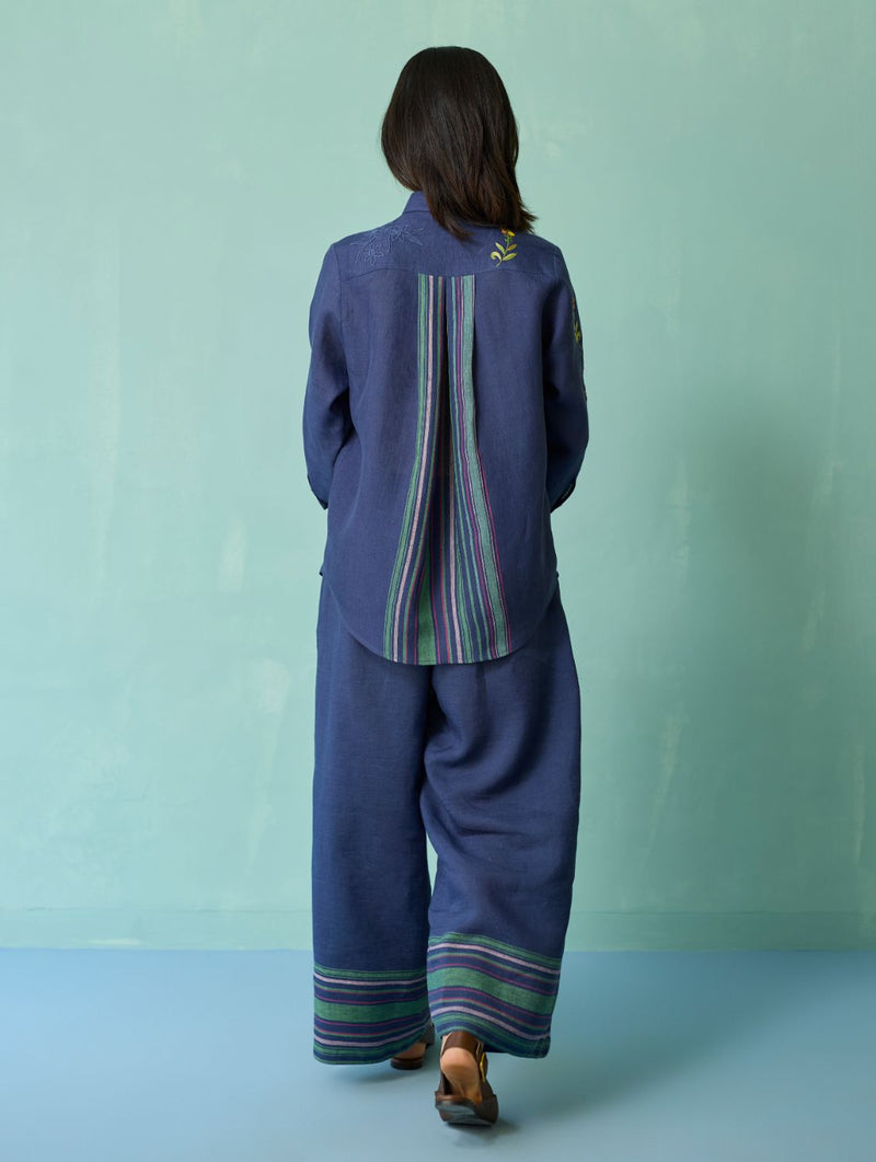 Kima Hand-Embroidered Floral Shirt - Indigo linen top/shirt by Manan in navy for women Worldwide