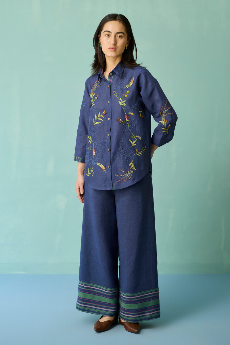 Kima Hand-Embroidered Floral Shirt - Indigo linen top/shirt by Manan in navy for women Worldwide