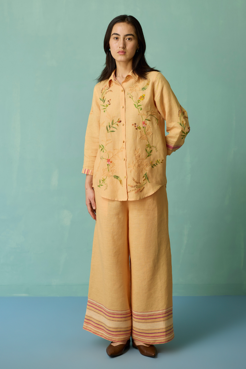 Kima Hand-Embroidered Floral Shirt - Apricot linen top/shirt by Manan in apricot for women Worldwide