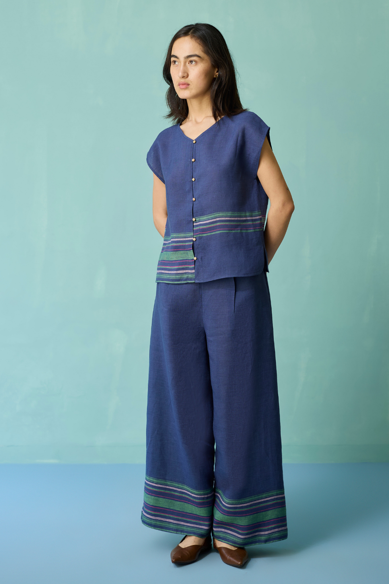 Xora Border Linen Cap-Sleeve Top - Indigo linen top/shirt by Manan in navy for women Worldwide