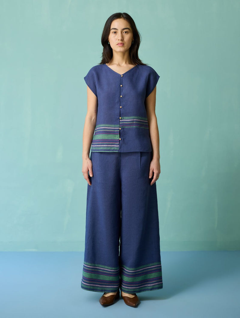 Xora Border Linen Cap-Sleeve Top - Indigo linen top/shirt by Manan in navy for women Worldwide