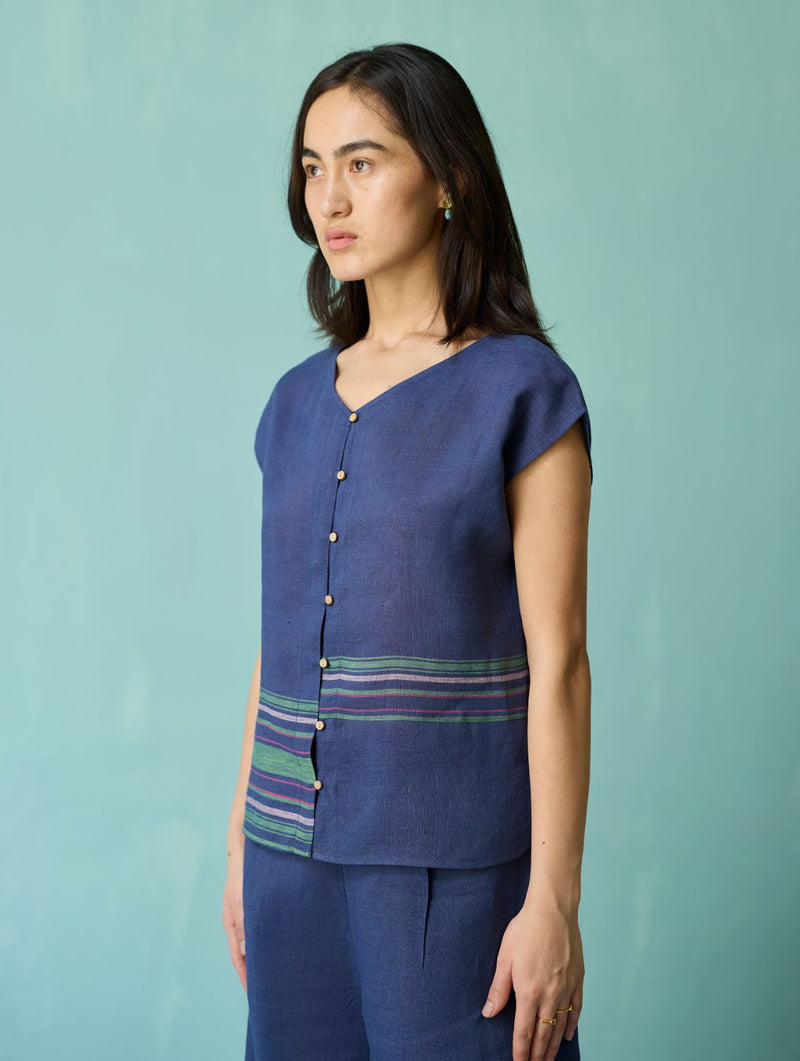 Xora Border Linen Cap-Sleeve Top - Indigo linen top/shirt by Manan in navy for women Worldwide
