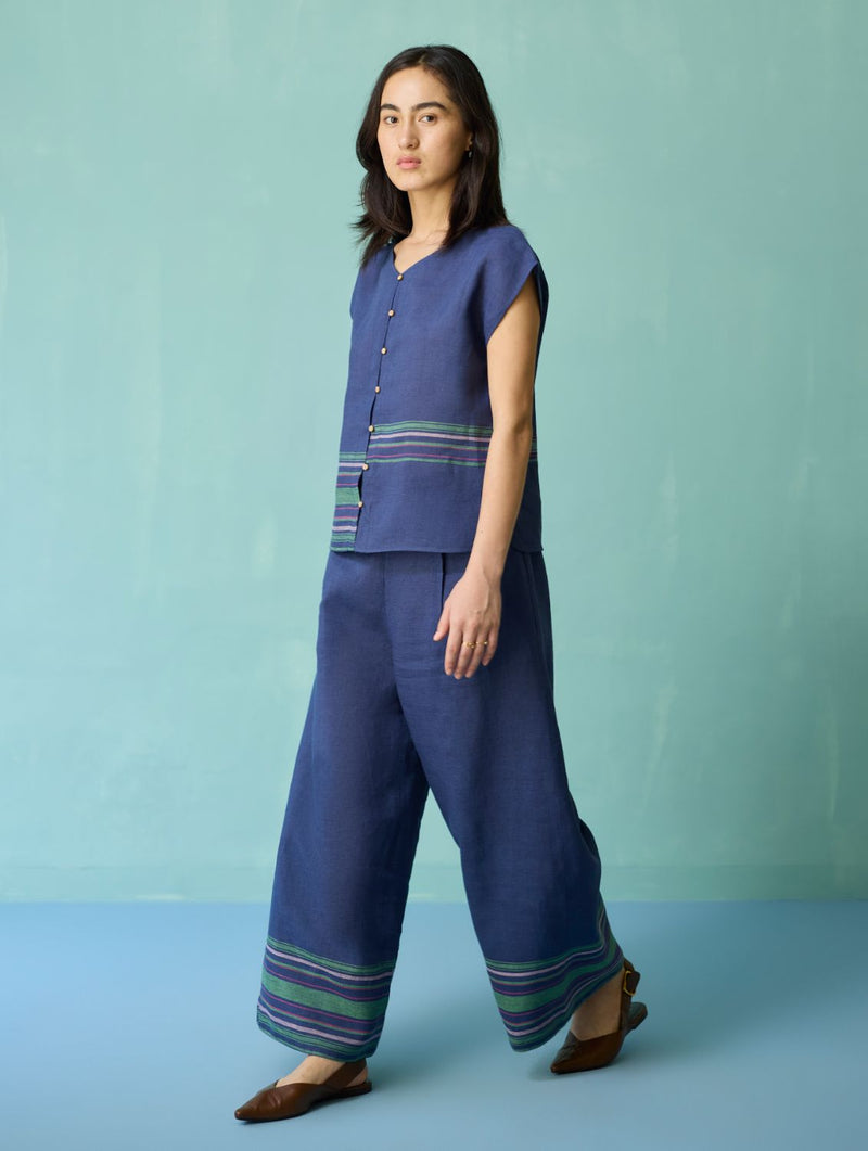 Xora Border Linen Cap-Sleeve Top - Indigo linen top/shirt by Manan in navy for women Worldwide