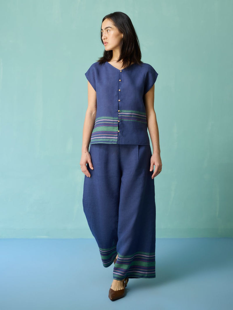 Xora Border Linen Cap-Sleeve Top - Indigo linen top/shirt by Manan in navy for women Worldwide