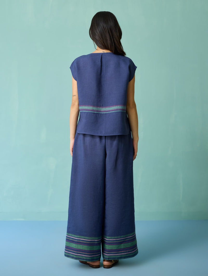 Xora Border Linen Cap-Sleeve Top - Indigo linen top/shirt by Manan in navy for women Worldwide