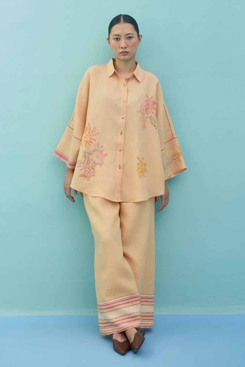 Iva Block Printed Floral Embroidered Shirt - Apricot linen top/shirt by Manan in apricot for women Worldwide