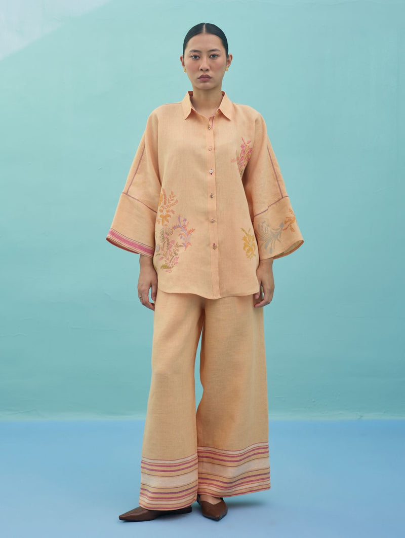 Iva Block Printed Floral Embroidered Shirt - Apricot linen top/shirt by Manan in apricot for women Worldwide