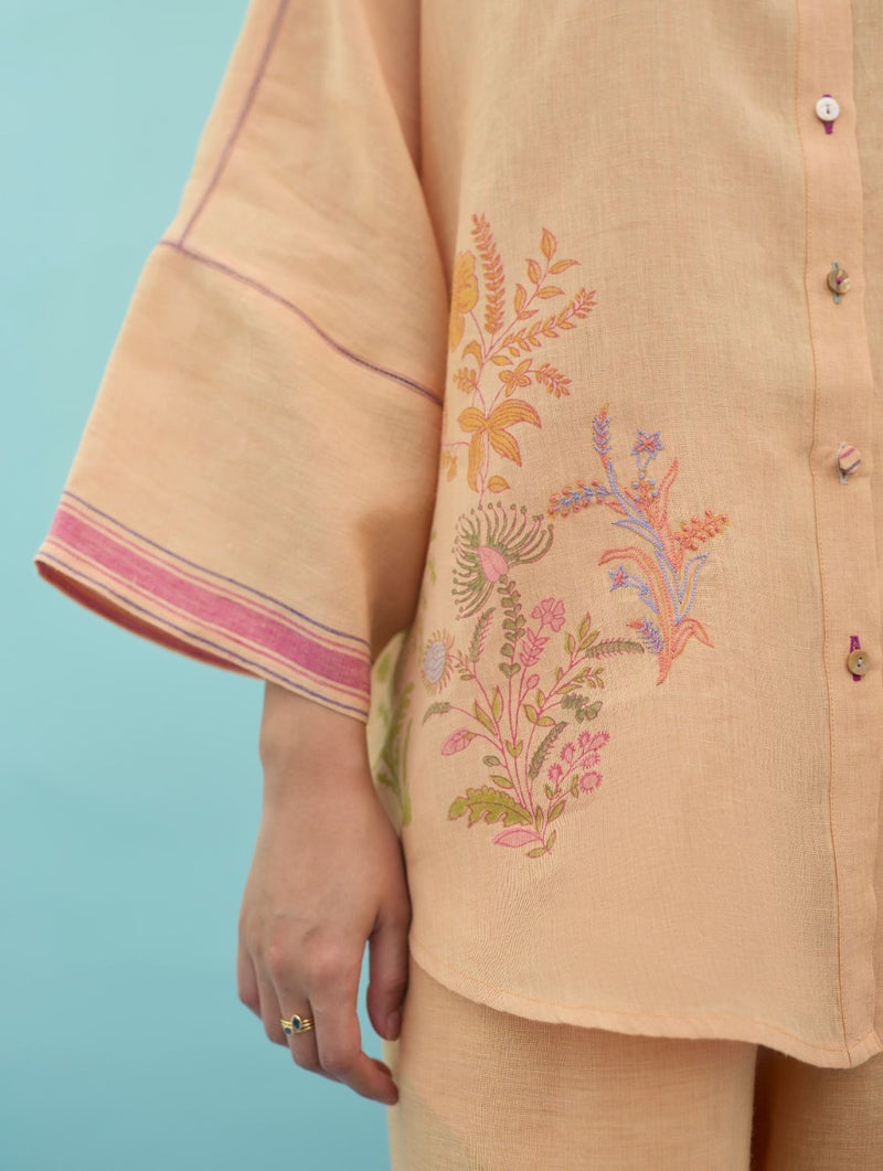 Iva Block Printed Floral Embroidered Shirt - Apricot linen top/shirt by Manan in apricot for women Worldwide