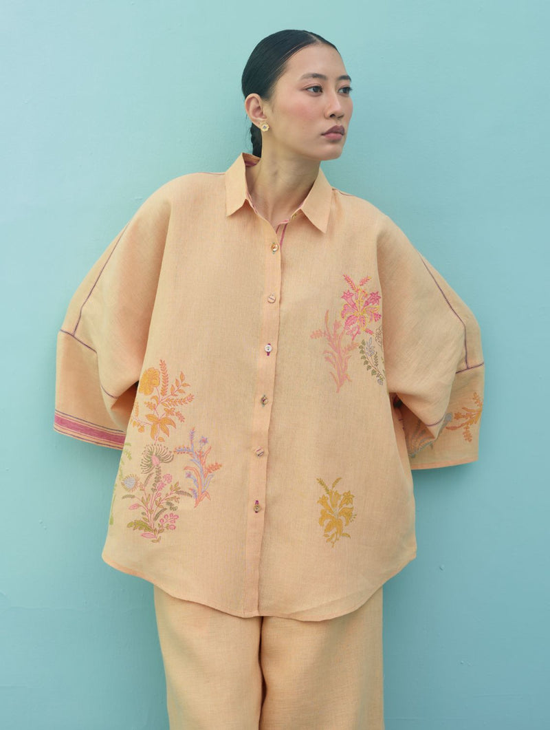 Iva Block Printed Floral Embroidered Shirt - Apricot linen top/shirt by Manan in apricot for women Worldwide
