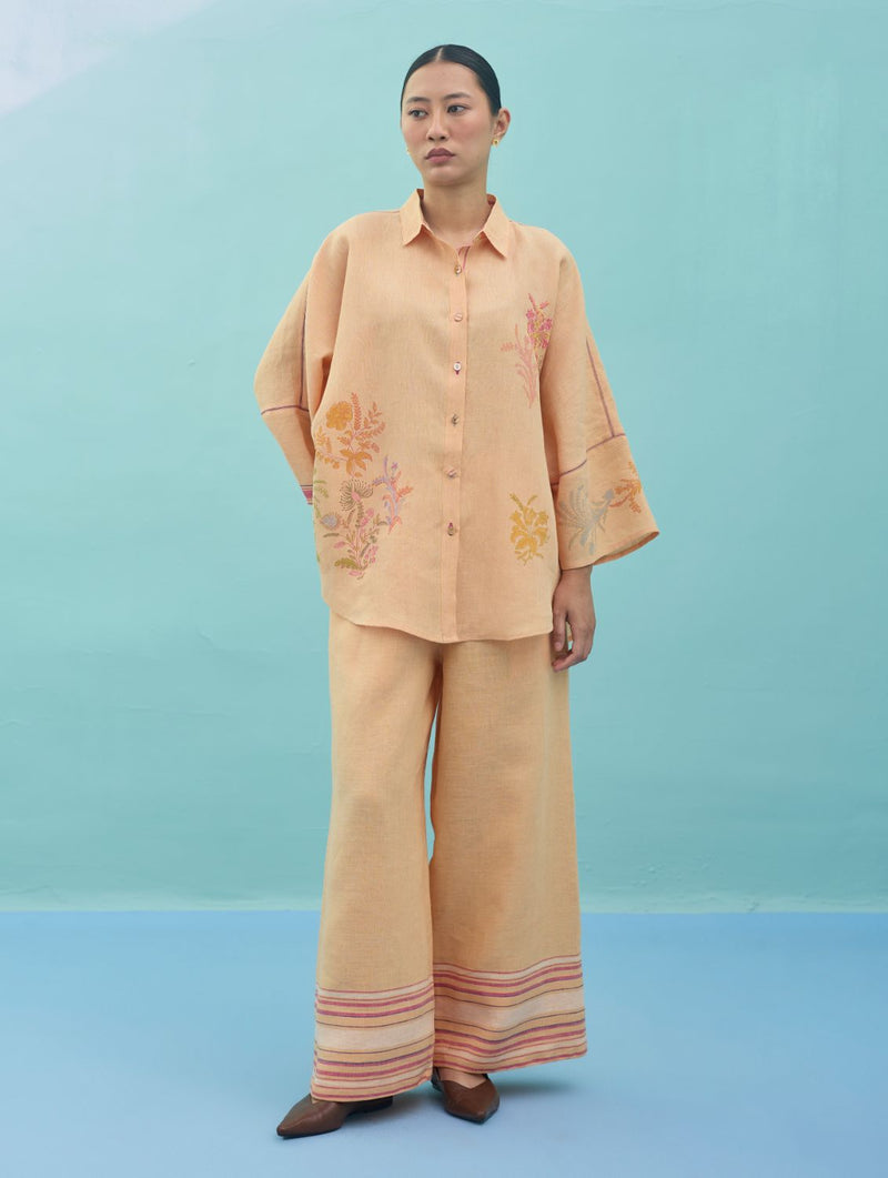 Iva Block Printed Floral Embroidered Shirt - Apricot linen top/shirt by Manan in apricot for women Worldwide
