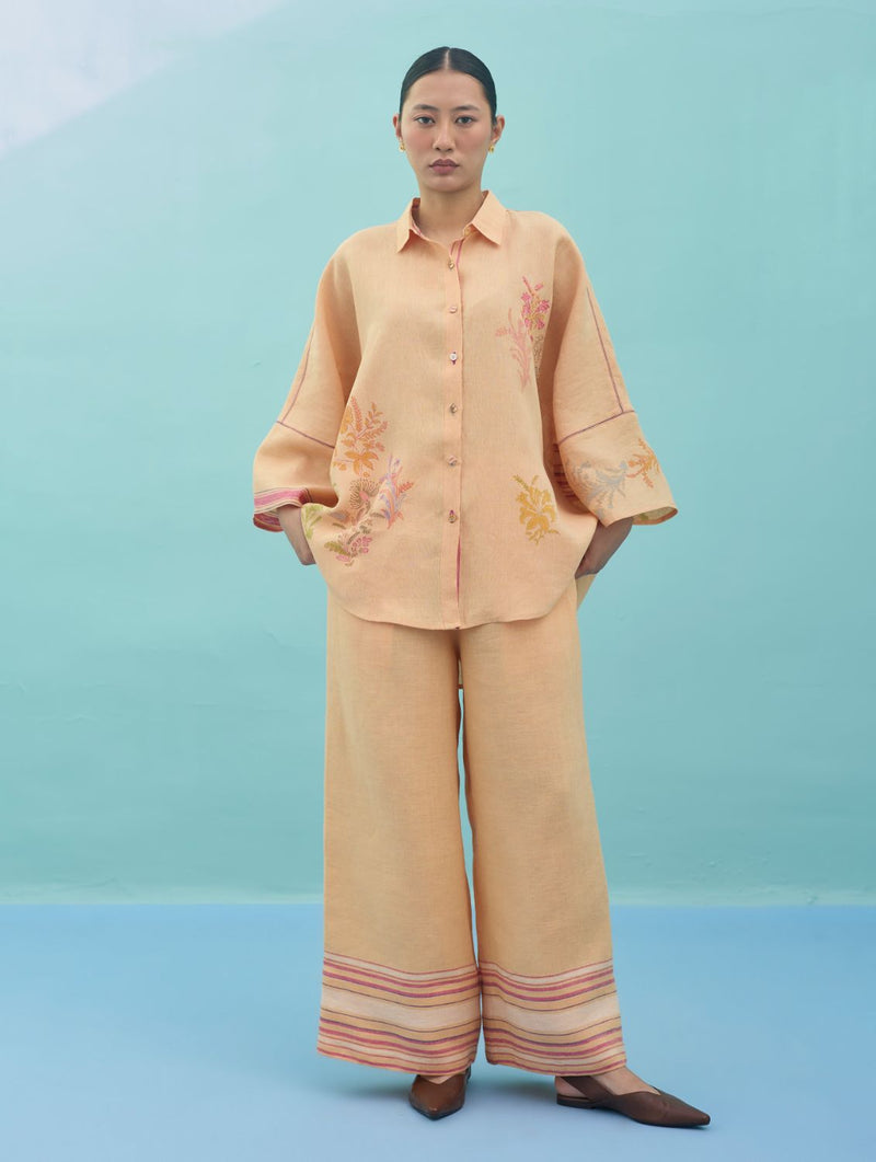 Iva Block Printed Floral Embroidered Shirt - Apricot linen top/shirt by Manan in apricot for women Worldwide