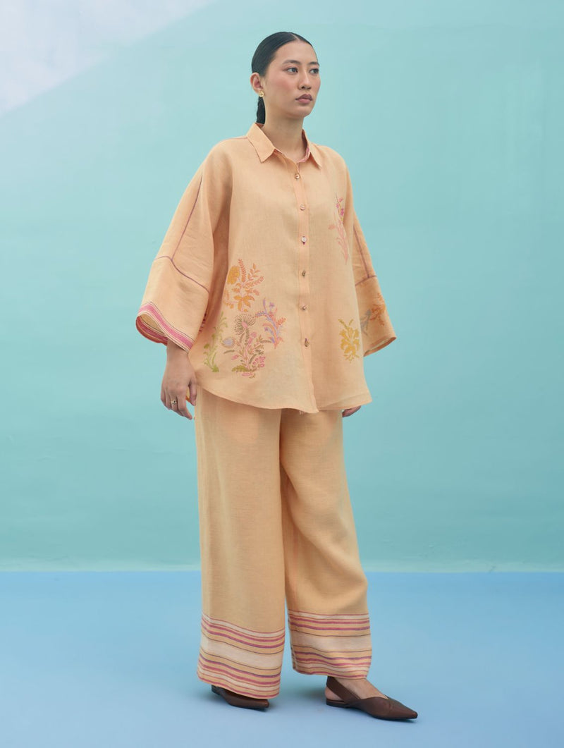 Iva Block Printed Floral Embroidered Shirt - Apricot linen top/shirt by Manan in apricot for women Worldwide
