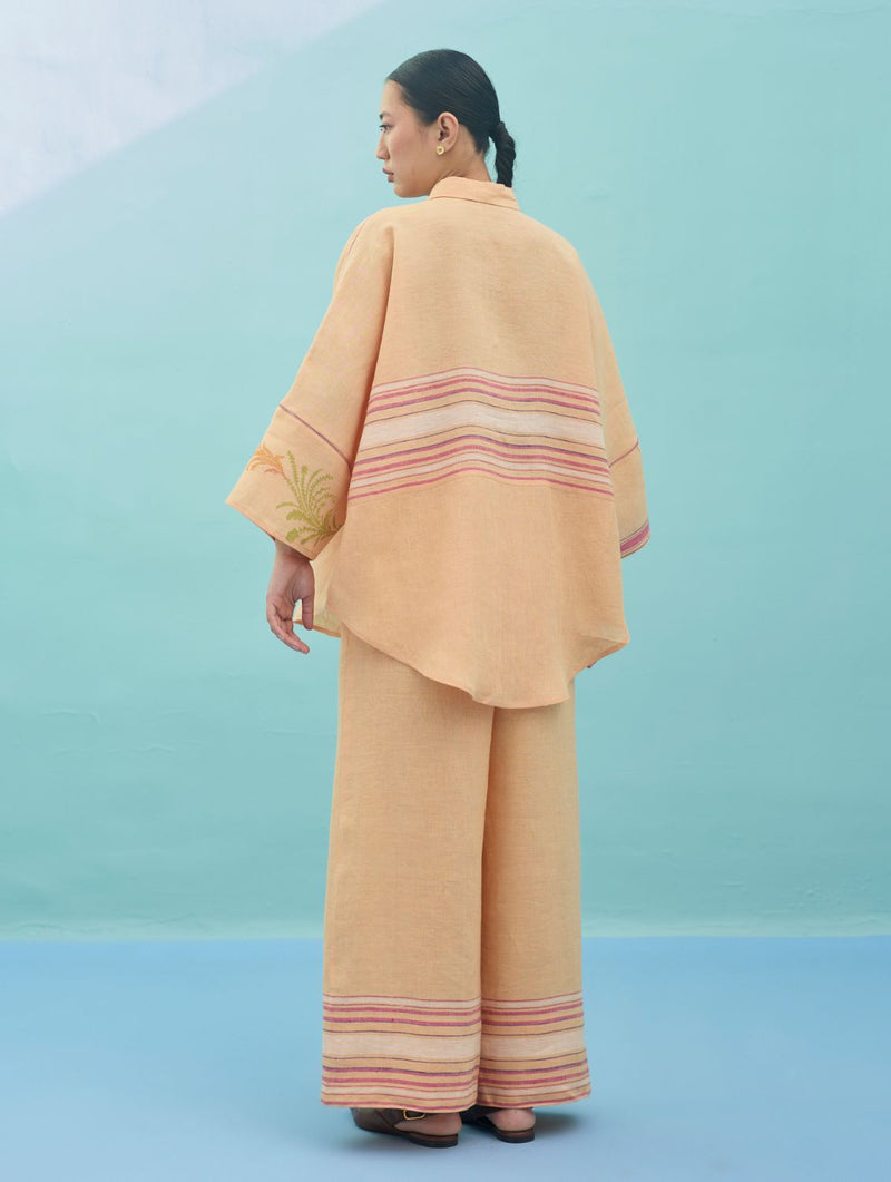 Iva Block Printed Floral Embroidered Shirt - Apricot linen top/shirt by Manan in apricot for women Worldwide
