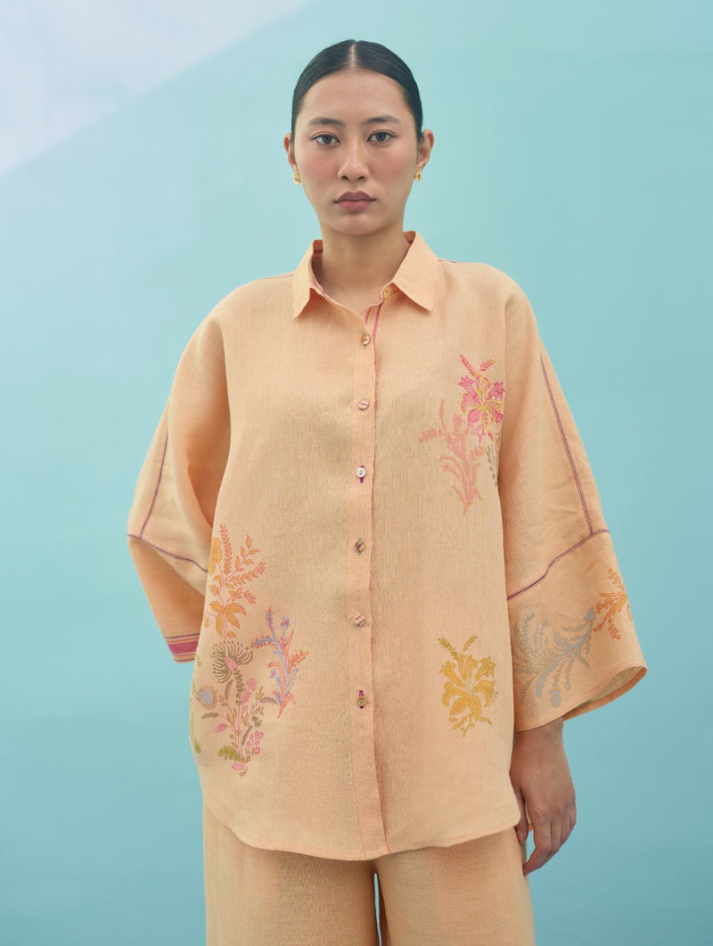 Iva Block Printed Floral Embroidered Shirt - Apricot linen top/shirt by Manan in apricot for women Worldwide
