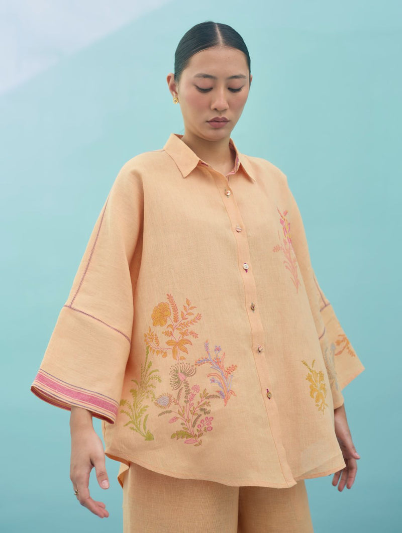 Iva Block Printed Floral Embroidered Shirt - Apricot linen top/shirt by Manan in apricot for women Worldwide
