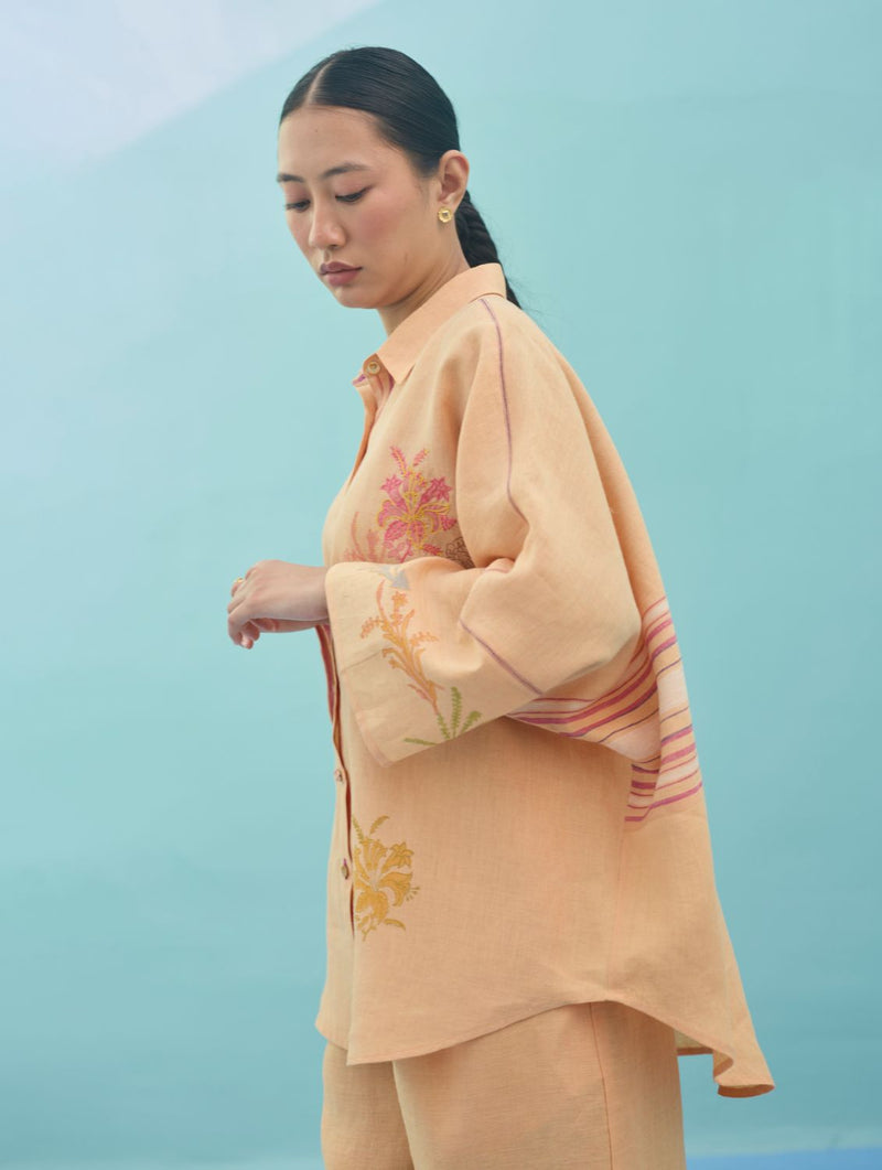 Iva Block Printed Floral Embroidered Shirt - Apricot linen top/shirt by Manan in apricot for women Worldwide