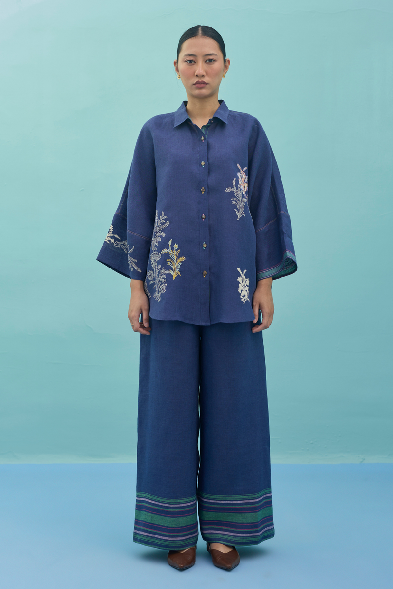 Iva Block Printed Floral Embroidered Shirt - Indigo linen top/shirt by Manan in navy for women Worldwide