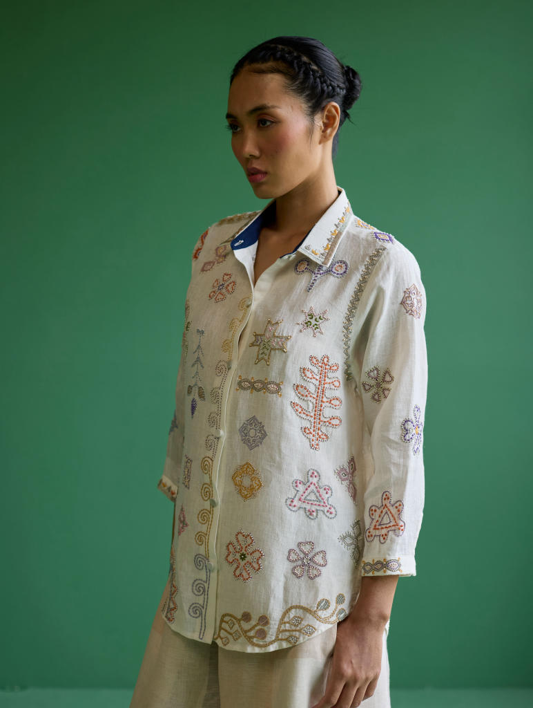Tansa Hand-Embroidered Metallic Linen Shirt
 - Ivory linen by Manan in ivory color for women Worldwide