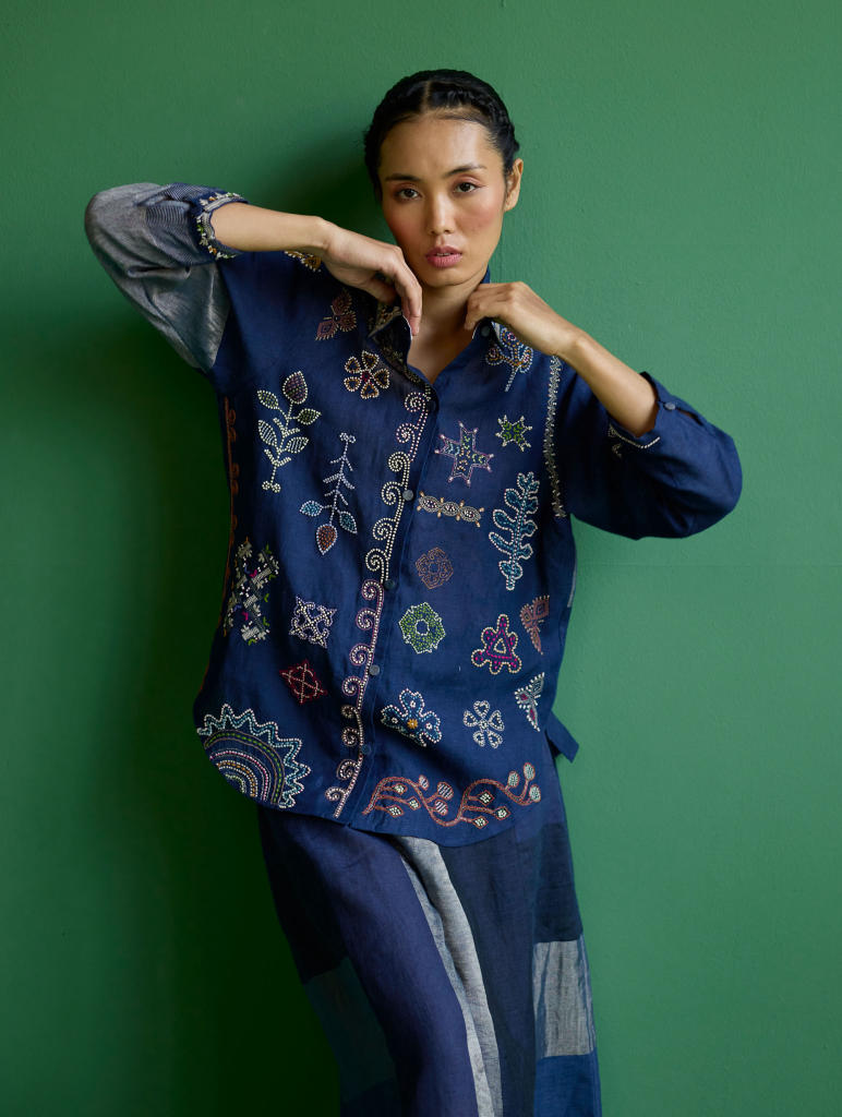 Tansa Hand-Embroidered Metallic Linen Shirt
 - Navy linen by Manan in navy color for women Worldwide